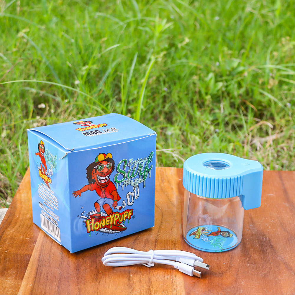 HONEYPUFF Light-Up Led Storage Jar, Air Tight & Magnifying View Jar, Blue Color Jar Lid, Rechargeable Glass Jar Container 155 ml