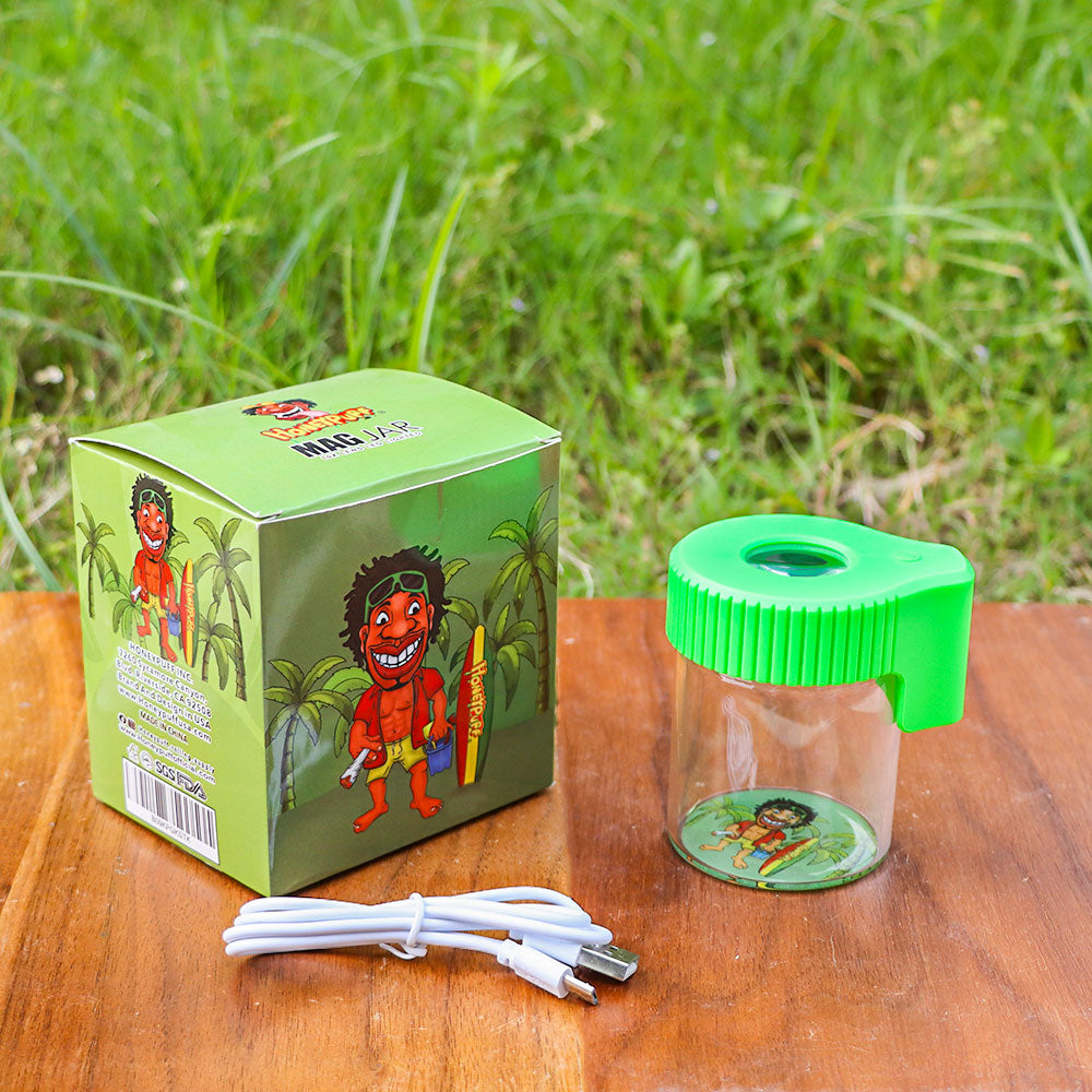 HONEYPUFF Light-Up Led Storage Jar, Air Tight & Magnifying View Jar, Green Color Jar Lid, Rechargeable Glass Jar Container 155 ml