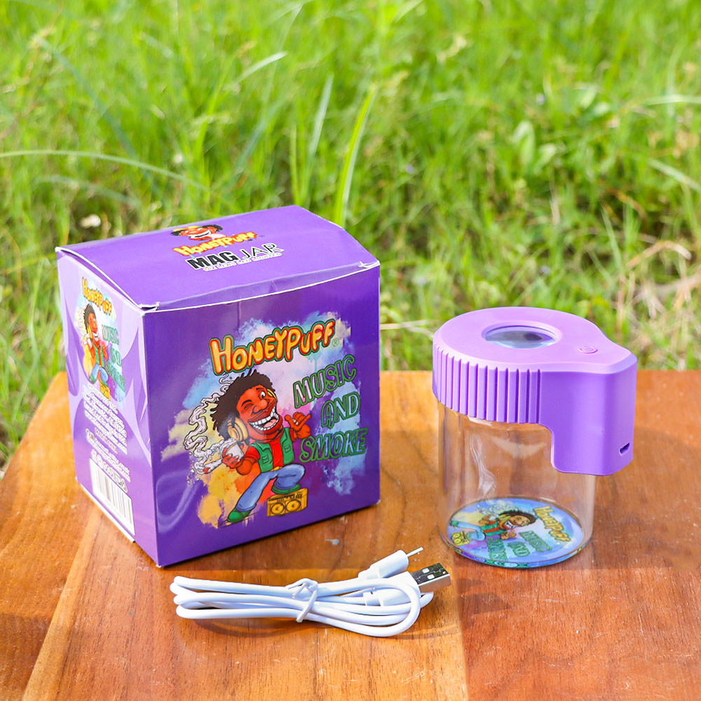 HONEYPUFF Light-Up Led Storage Jar, Air Tight & Magnifying View Jar, Purple Color Jar Lid, Rechargeable Glass Jar Container 155 ml