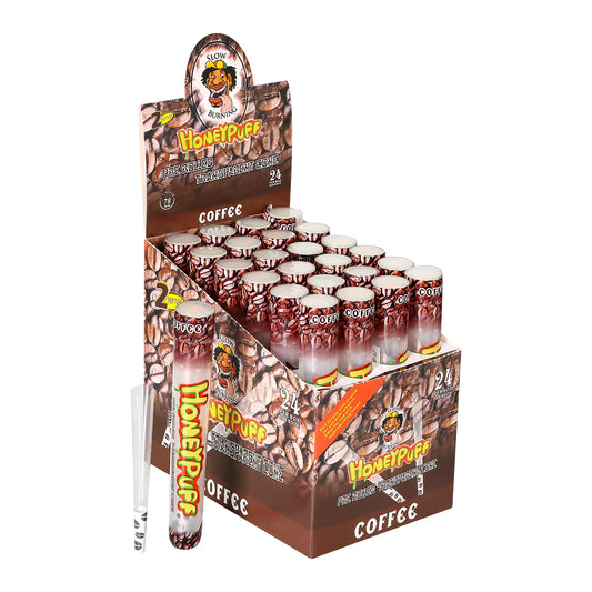 HONEYPUFF 1 1/4 Größe Kaffeegeschmack Vorgerollte Tüten, durchsichtige Zigarettenpapiere, 2 Stück/Tube, 24 Tuben/Box