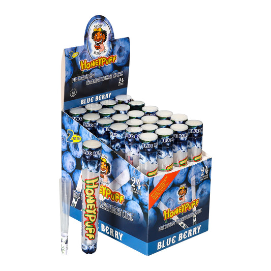 HONEYPUFF 1 1/4 Größe, Blaubeergeschmack, vorgerollte Tüten, transparente Zigarettenpapiere, 2 Stück/Tube, 24 Tuben/Box