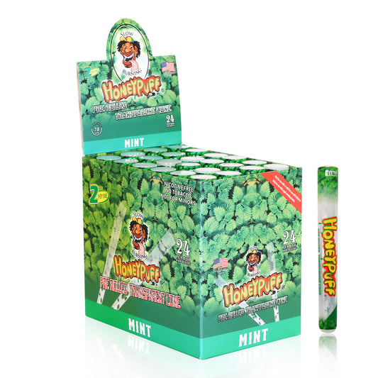 HONEYPUFF 1 1/4 Größe, Minzgeschmack, vorgerollte Hülsen, transparente Zigarettenpapiere, 2 Stück/Tube, 24 Tuben/Box