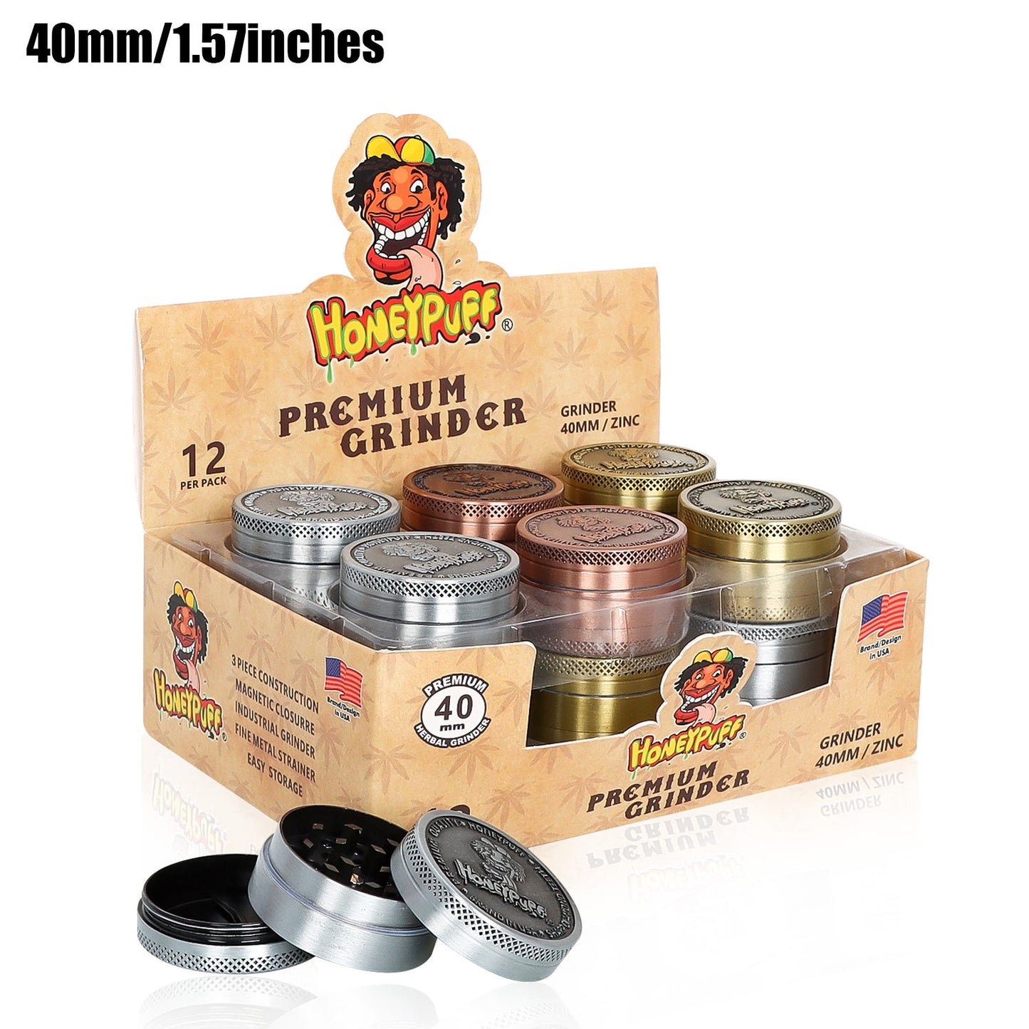 HONEYPUFF 40 mm Zinc Alloy Herb Grinder, 3 Lay Metal Tobacco Grinder, Easy Clean Weed Grinder, 6 PCS / Box