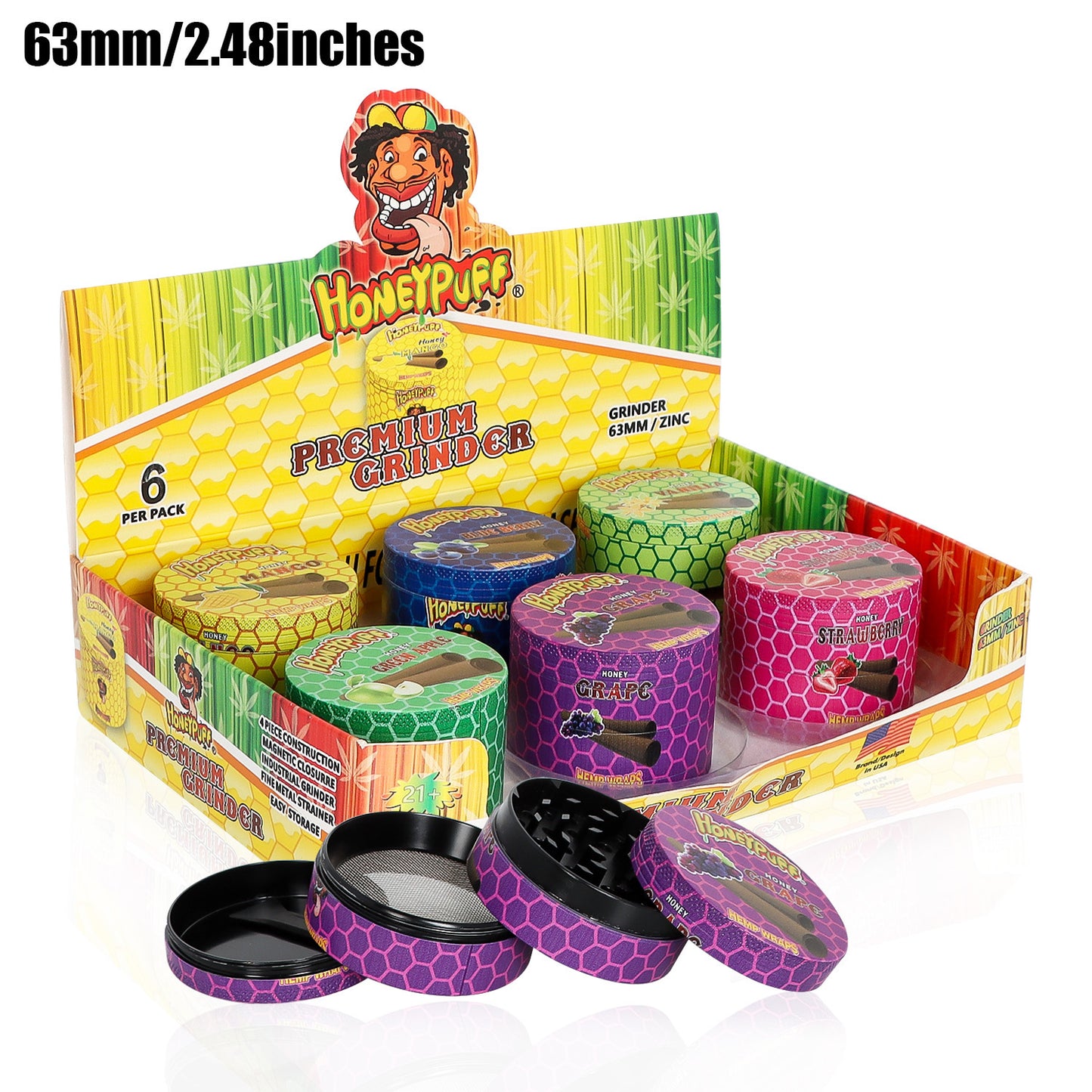 HONEYPUFF 4 Lay Zinc Metal Tobacco Grinder, 63 mm Herb Grinder, Easy Clean Herb Grinders