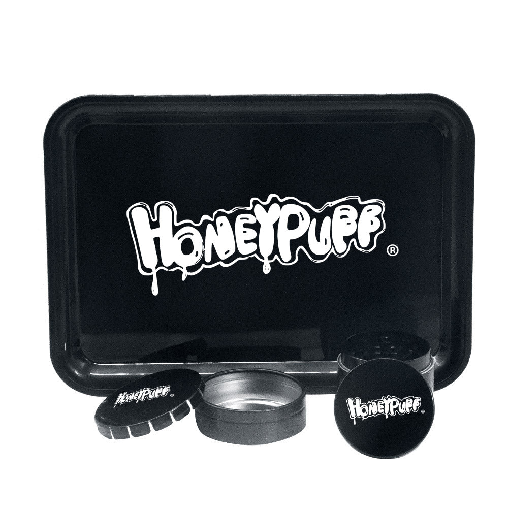HONEYPUFF Cigarette tray Set, 3-piece cigarette accessory set, plastic plate, tin box, zinc alloy metal smoke grinder