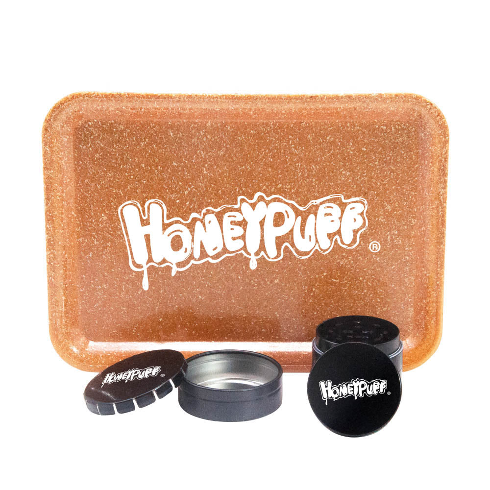HONEYPUFF Cigarette tray Set, 3-piece cigarette accessory set, plastic plate, tin box, zinc alloy metal smoke grinder