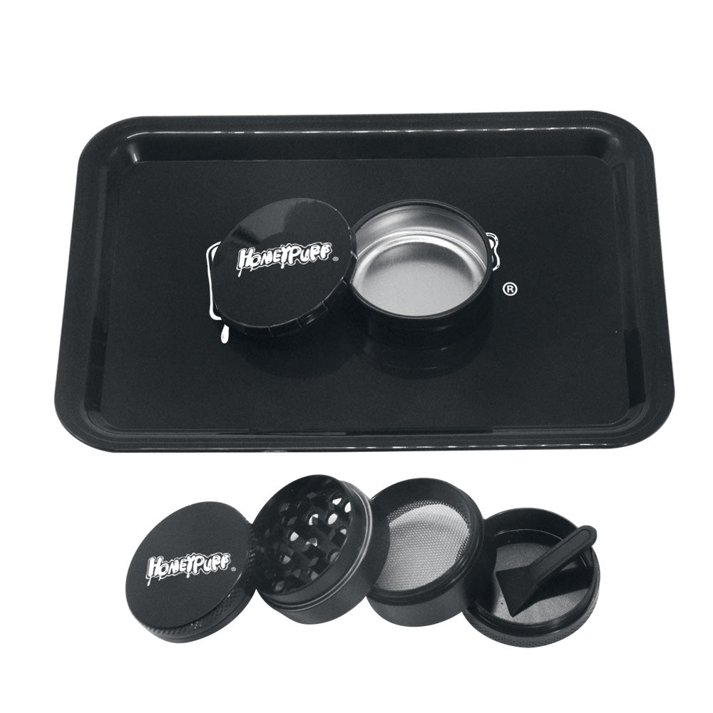 HONEYPUFF Cigarette tray Set, 3-piece cigarette accessory set, plastic plate, tin box, zinc alloy metal smoke grinder