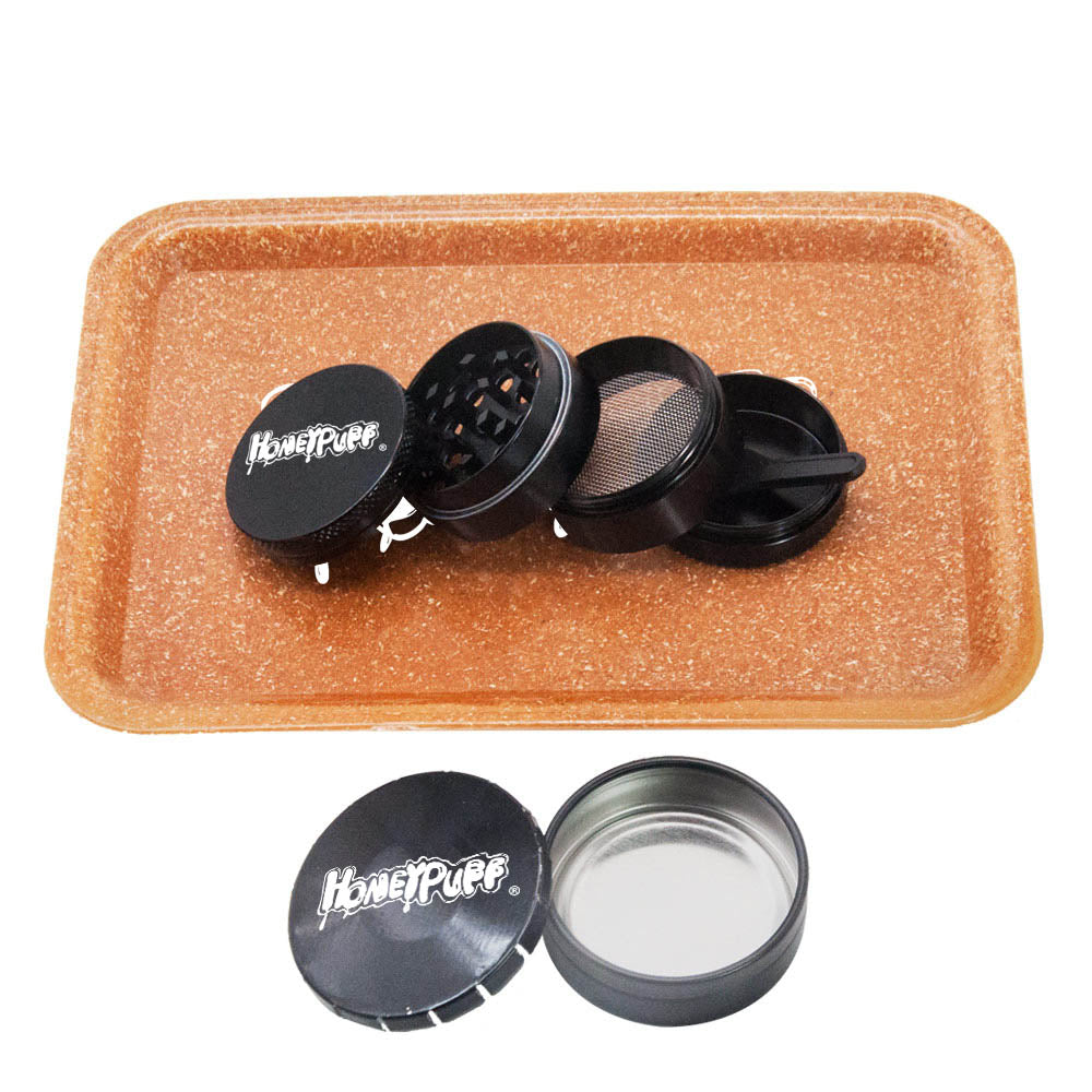 HONEYPUFF Cigarette tray Set, 3-piece cigarette accessory set, plastic plate, tin box, zinc alloy metal smoke grinder