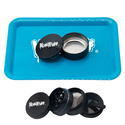 HONEYPUFF Cigarette tray Set, 3-piece cigarette accessory set, plastic plate, tin box, zinc alloy metal smoke grinder
