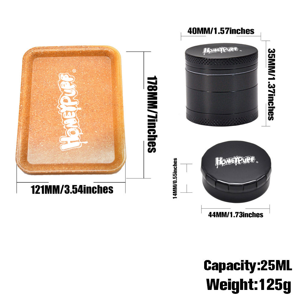 HONEYPUFF Cigarette tray Set, 3-piece cigarette accessory set, plastic plate, tin box, zinc alloy metal smoke grinder