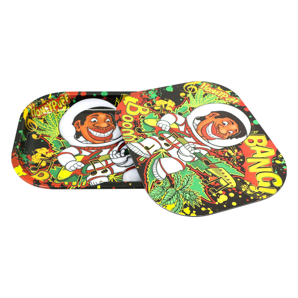 HONEYPUFF Tinplate Metal Rolling Tray with Soft Magnetic Lid, Portable & Decorative Rolling Paper Tray, Small Size 7” x 5.5” Rolling Trays