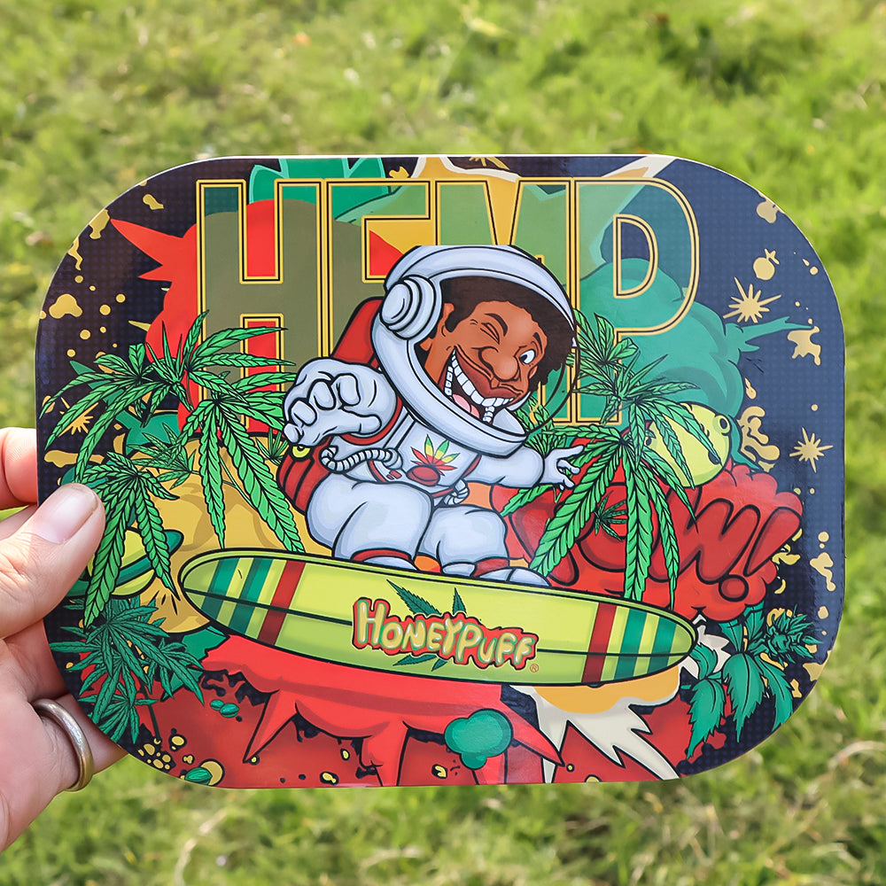 HONEYPUFF Tinplate Metal Rolling Tray with Soft Magnetic Lid, Portable & Decorative Rolling Paper Tray, Small Size 7” x 5.5” Rolling Trays