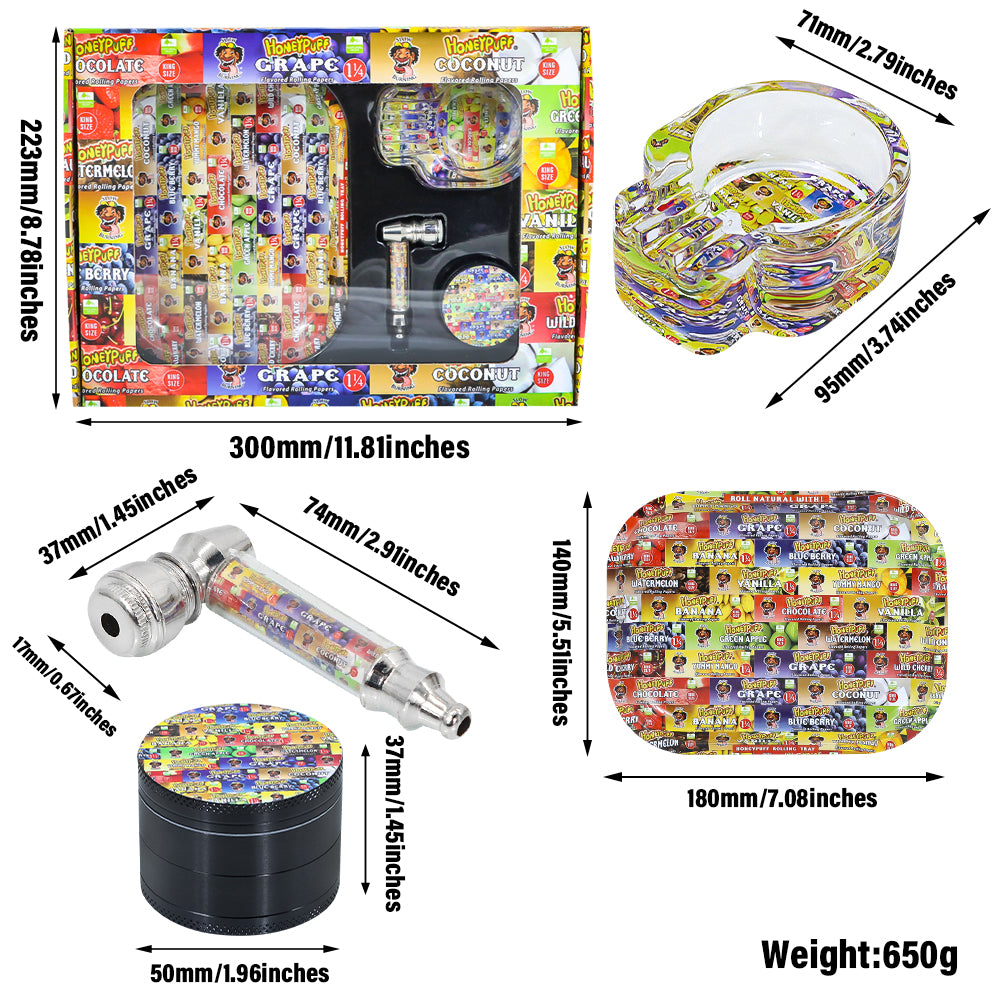 HONEYPUFF brand hot selling pipe zinc alloy grinder glass ashtray plate set cigarette store accessories