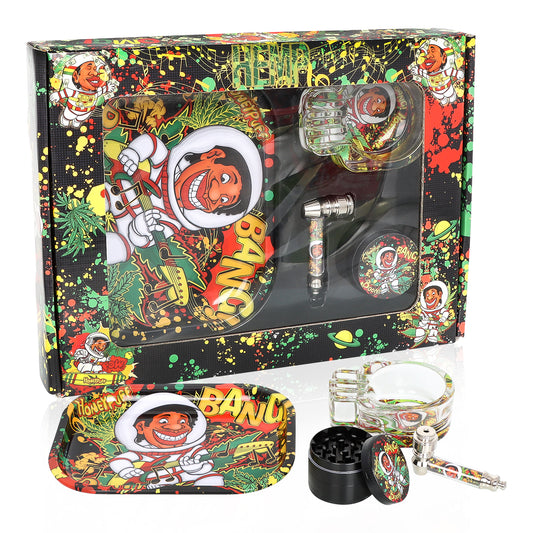 HONEYPUFF Rolling Tray Kit, 7” x 5.5 “ Size Metal Tolling Tray, 4 Lay Zinc Alloy Herb Grinder, Skull Shape Glass Ashtray, Glass Tobacco Pipe With Metal Bowl