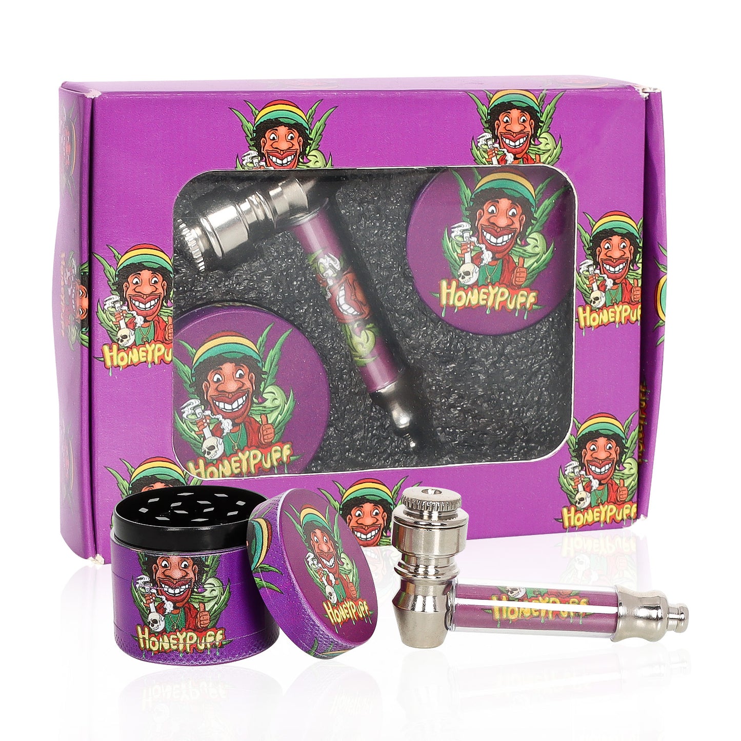 HONEYPUFF Purple Package Tobacco Pipe Kit, Glass Smoking Pipe With Metal Blow & 4 Lay Tobacco Grinder