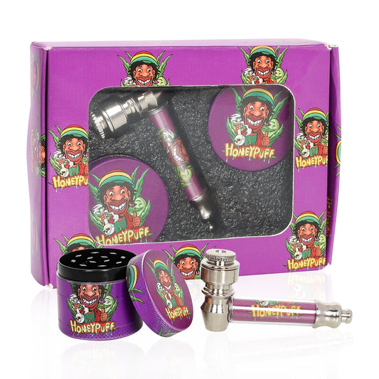 HONEYPUFF Purple Package Tobacco Pipe Kit, Glass Smoking Pipe With Metal Blow & 4 Lay Tobacco Grinder