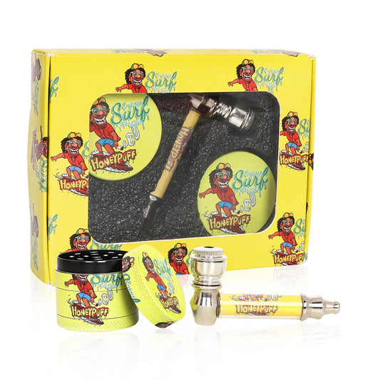 HONEYPUFF Yellow Package Tobacco Pipe Kit, Glass Smoking Pipe With Metal Blow & 4 Lay Tobacco Grinder
