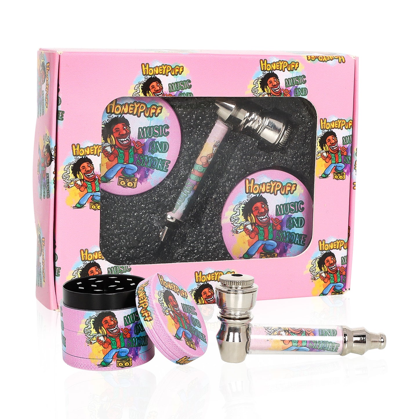 HONEYPUFF Pink Package Tobacco Pipe Kit, Glass Smoking Pipe With Metal Blow & 4 Lay Tobacco Grinder