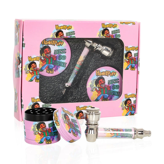 HONEYPUFF Pink Package Tobacco Pipe Kit, Glass Smoking Pipe With Metal Blow & 4 Lay Tobacco Grinder