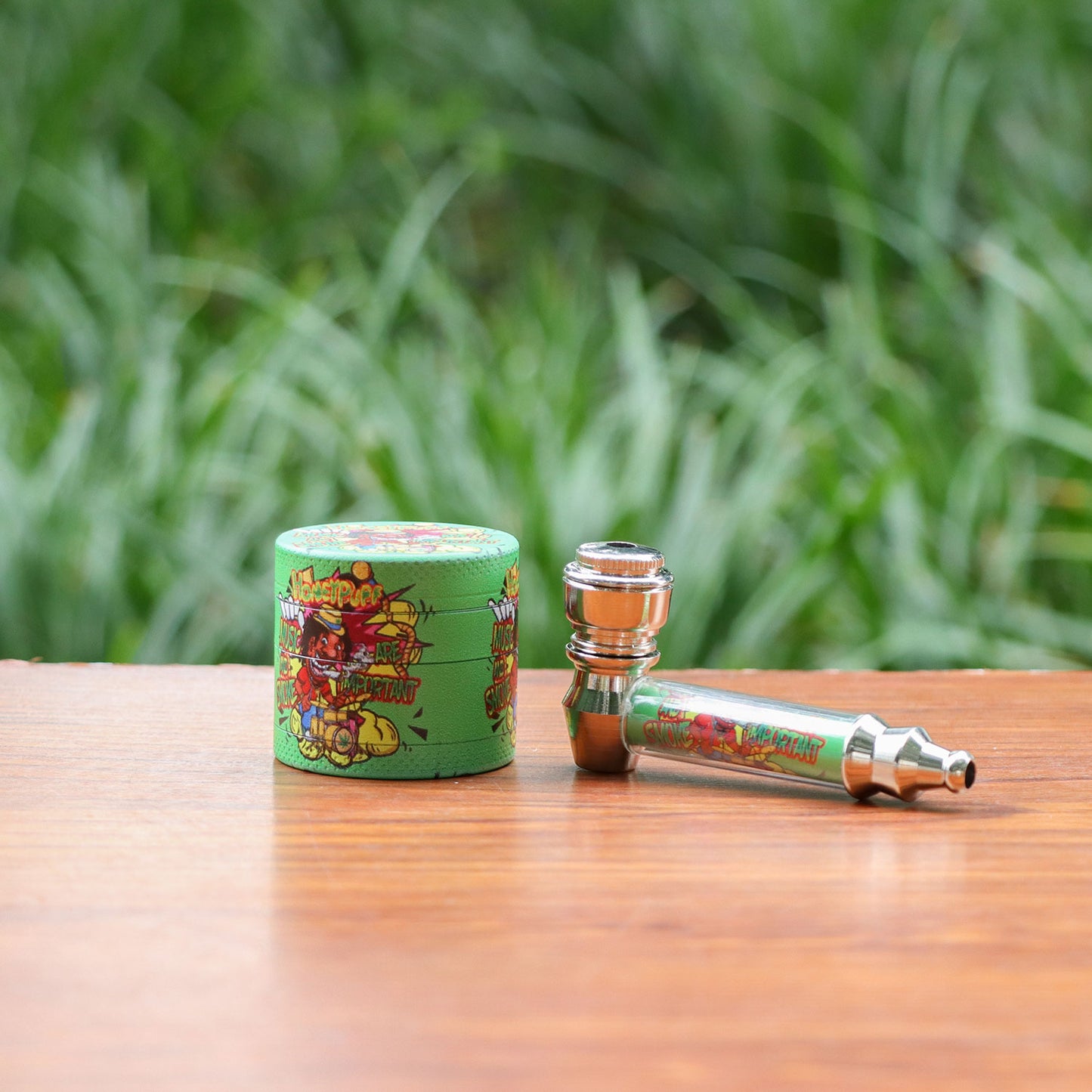 HONEYPUFF Green Package Tobacco Pipe Kit, Glass Smoking Pipe With Metal Blow & 4 Lay Tobacco Grinder