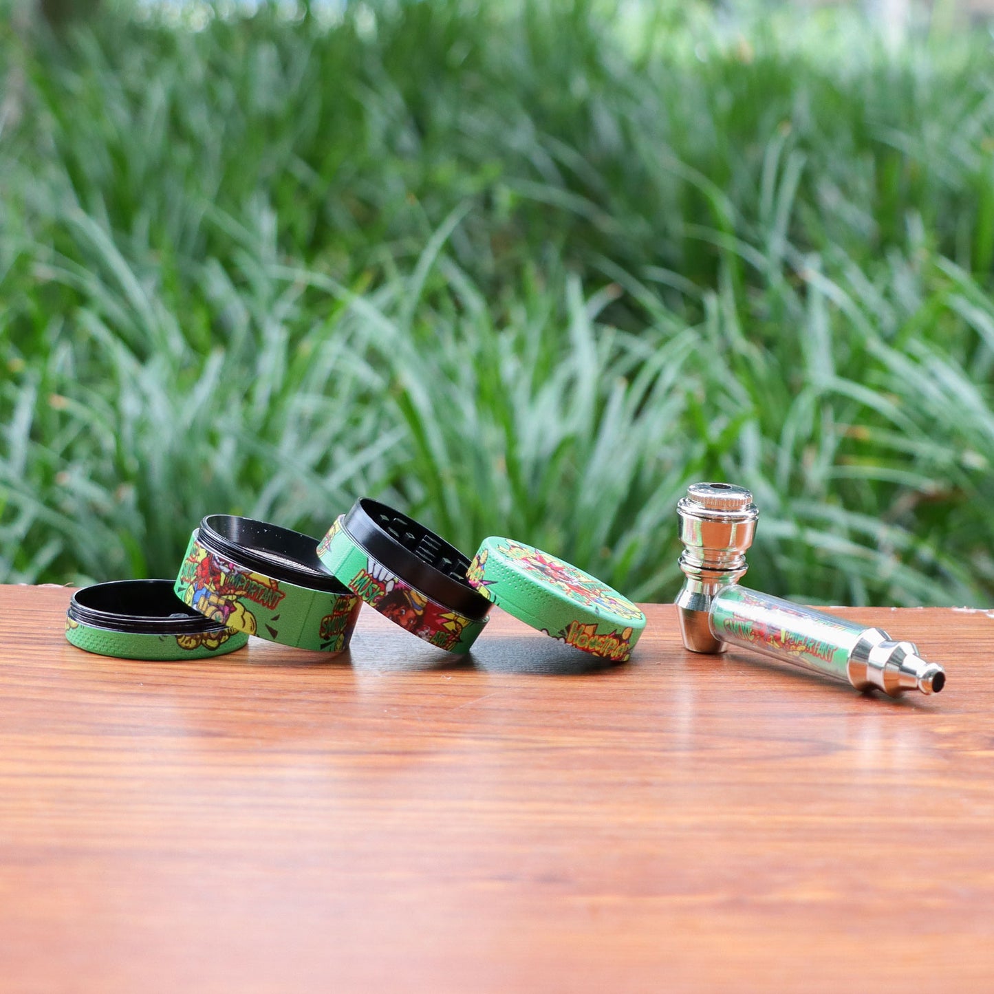 HONEYPUFF Green Package Tobacco Pipe Kit, Glass Smoking Pipe With Metal Blow & 4 Lay Tobacco Grinder