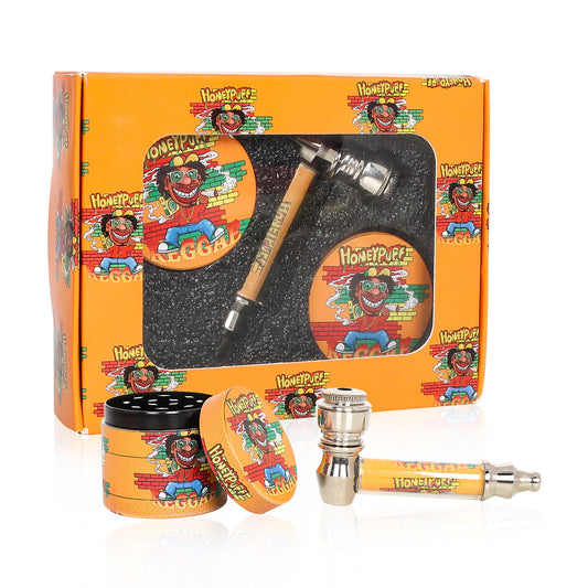 HONEYPUFF Orange Package Tobacco Pipe Kit, Glass Smoking Pipe With Metal Blow & 4 Lay Tobacco Grinder