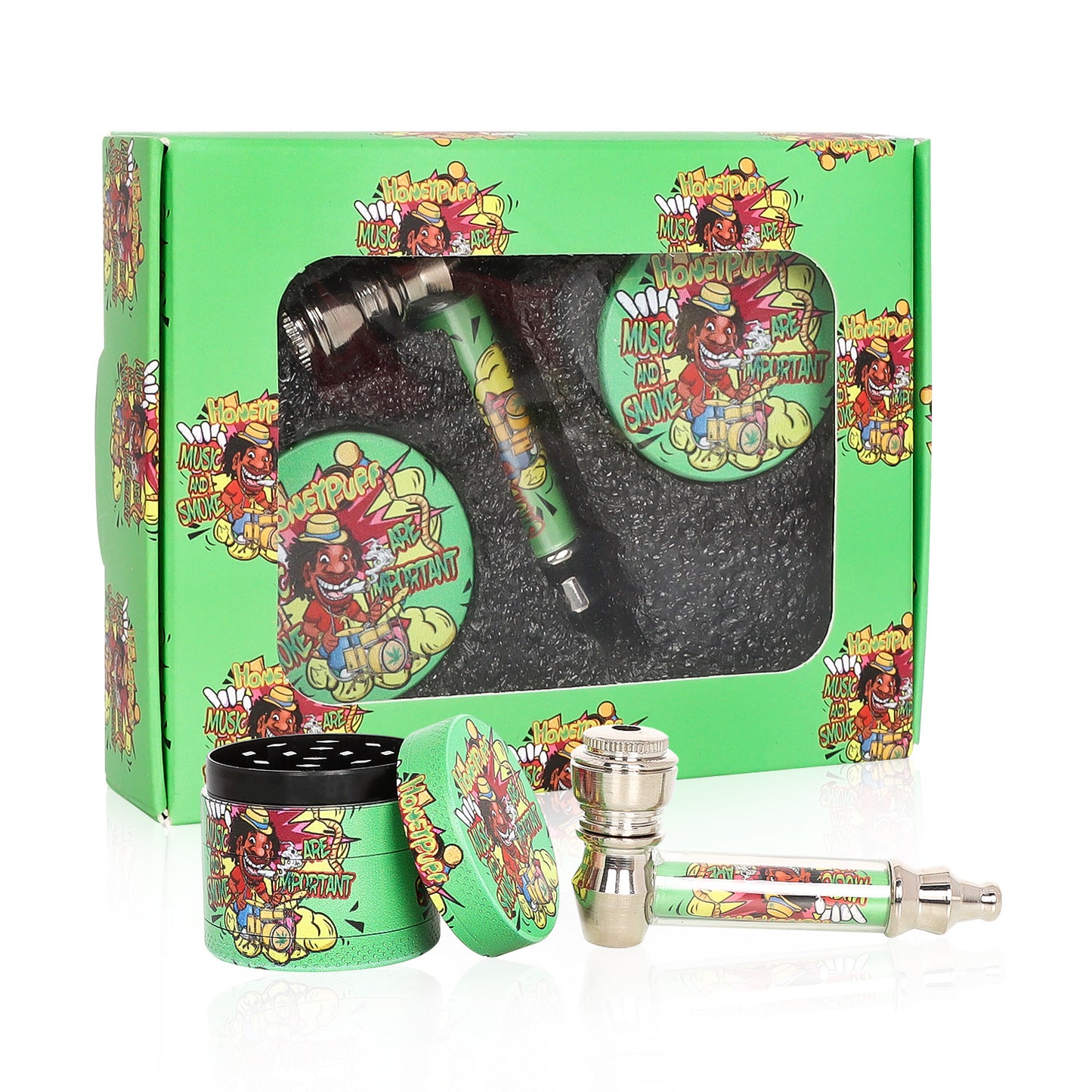 HONEYPUFF Green Package Tobacco Pipe Kit, Glass Smoking Pipe With Metal Blow & 4 Lay Tobacco Grinder