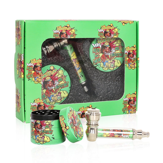 HONEYPUFF Green Package Tobacco Pipe Kit, Glass Smoking Pipe With Metal Blow & 4 Lay Tobacco Grinder