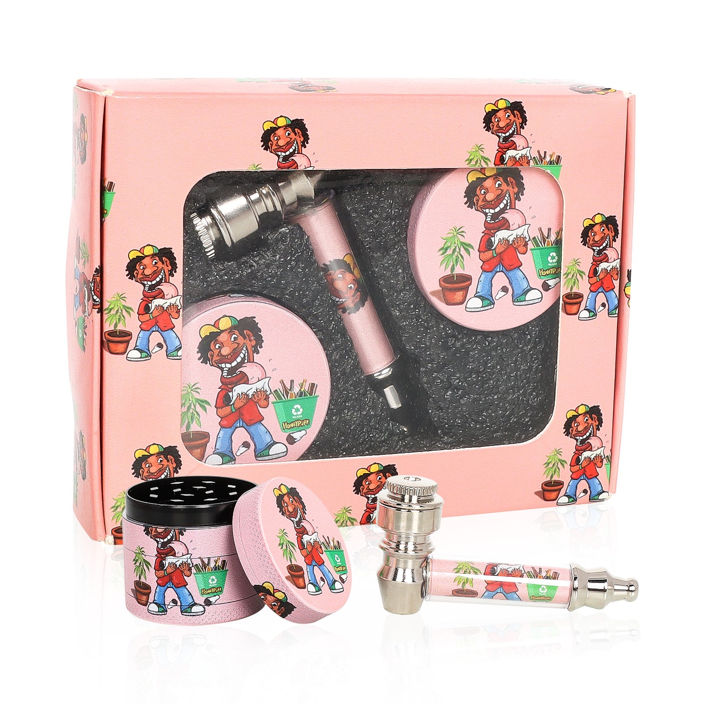 HONEYPUFF Pink Package Tobacco Pipe Kit, Glass Smoking Pipe With Metal Blow & 4 Lay Tobacco Grinder