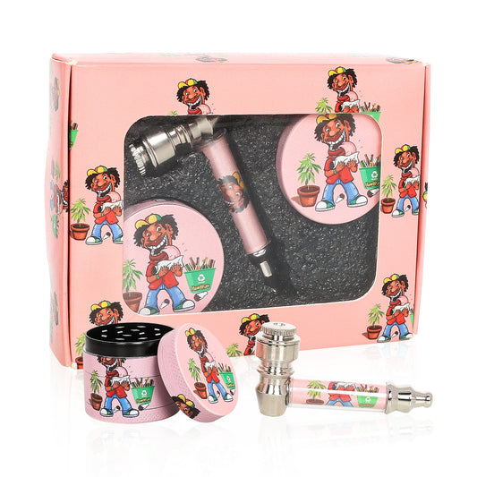 HONEYPUFF Pink Package Tobacco Pipe Kit, Glass Smoking Pipe With Metal Blow & 4 Lay Tobacco Grinder