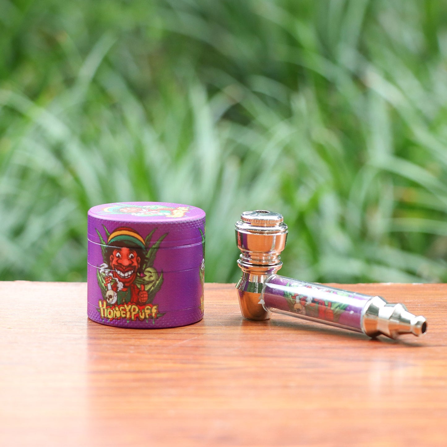 HONEYPUFF Purple Package Tobacco Pipe Kit, Glass Smoking Pipe With Metal Blow & 4 Lay Tobacco Grinder