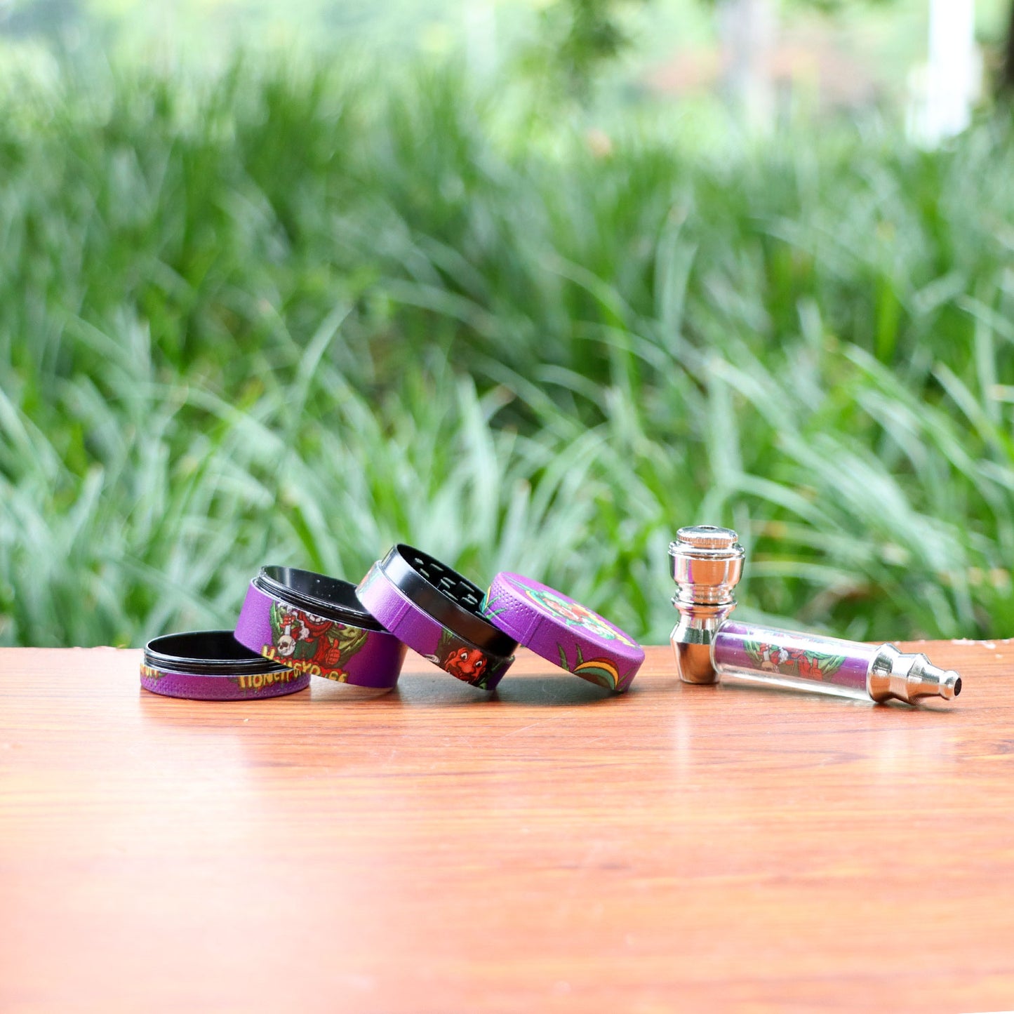 HONEYPUFF Purple Package Tobacco Pipe Kit, Glass Smoking Pipe With Metal Blow & 4 Lay Tobacco Grinder
