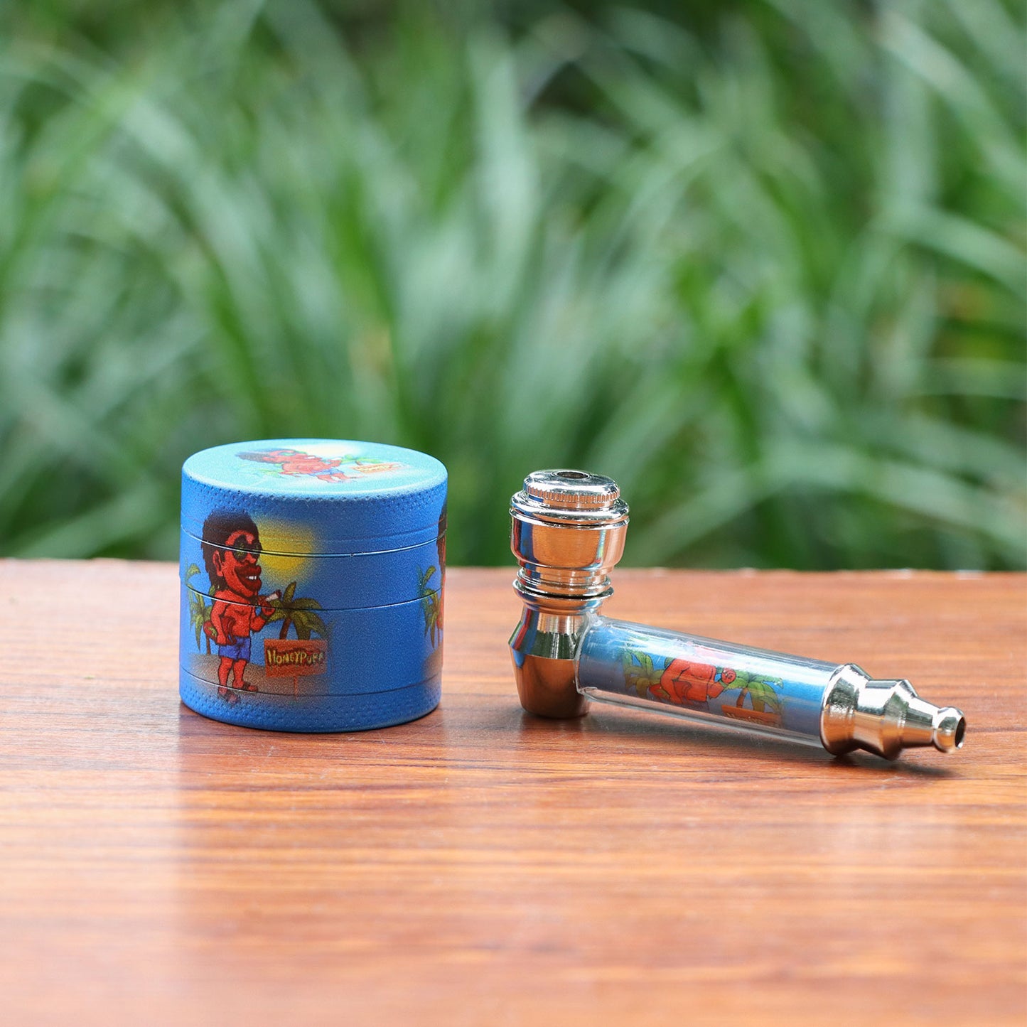 HONEYPUFF Blue Package Tobacco Pipe Kit, Glass Smoking Pipe With Metal Blow & 4 Lay Tobacco Grinder