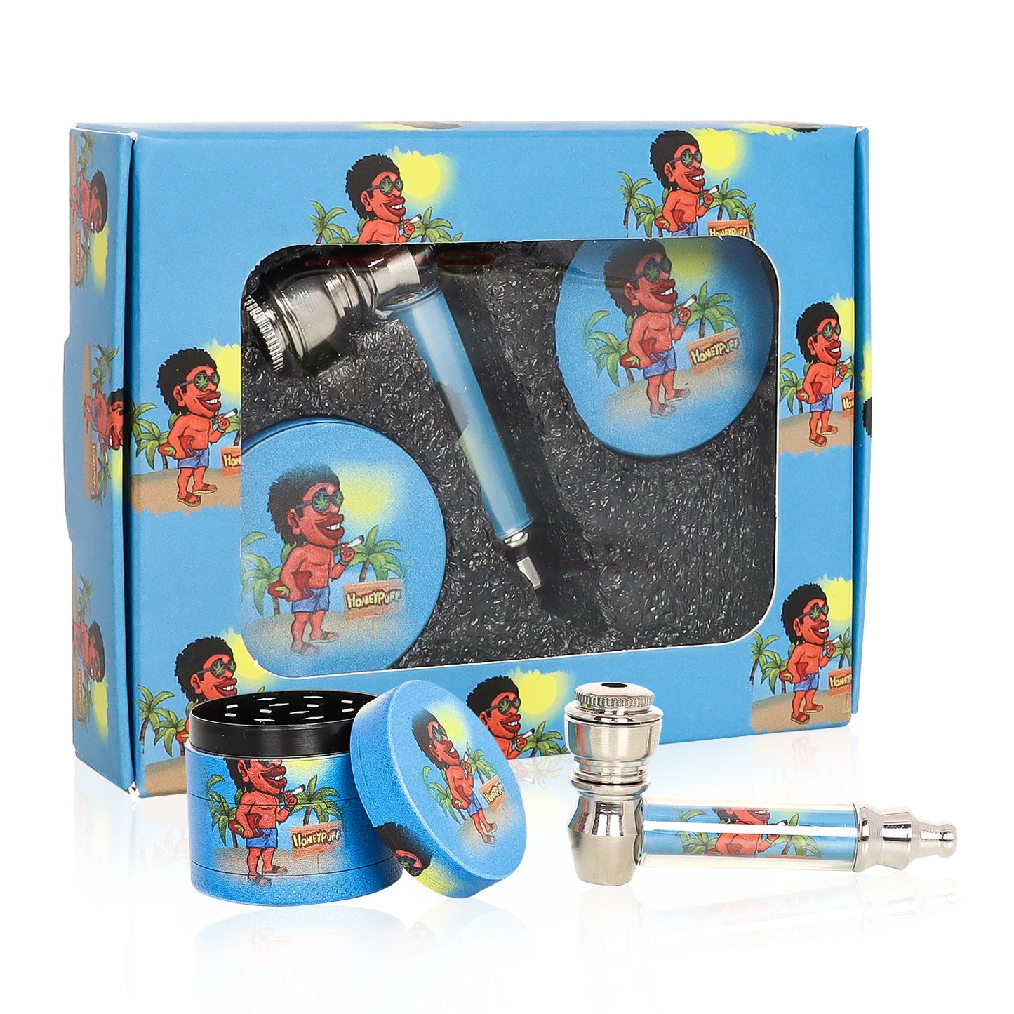 HONEYPUFF Blue Package Tobacco Pipe Kit, Glass Smoking Pipe With Metal Blow & 4 Lay Tobacco Grinder
