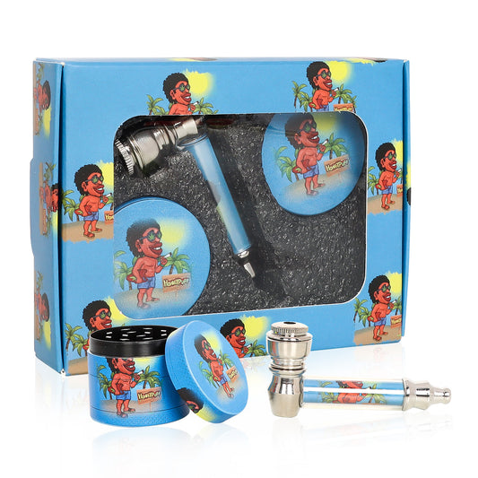 HONEYPUFF Blue Package Tobacco Pipe Kit, Glass Smoking Pipe With Metal Blow & 4 Lay Tobacco Grinder