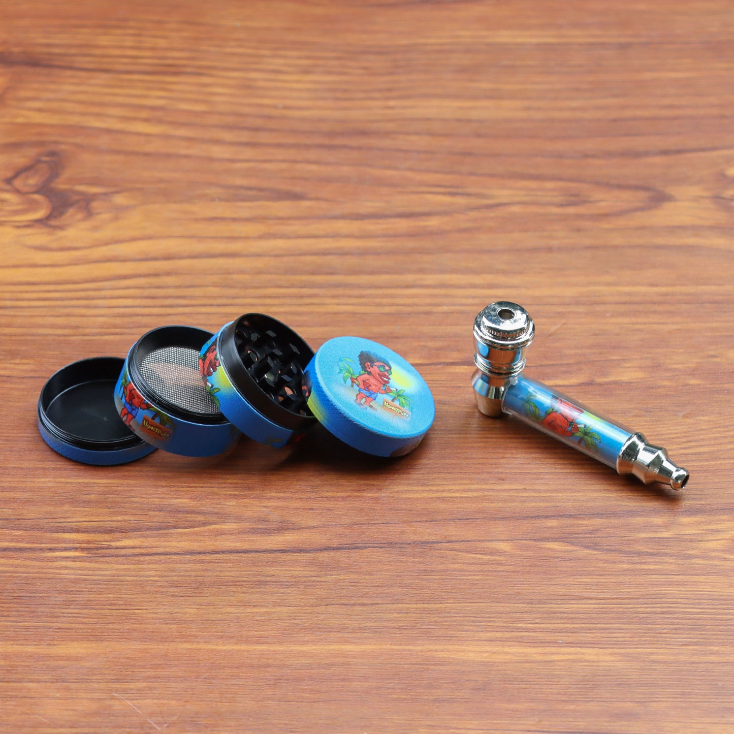 HONEYPUFF Blue Package Tobacco Pipe Kit, Glass Smoking Pipe With Metal Blow & 4 Lay Tobacco Grinder