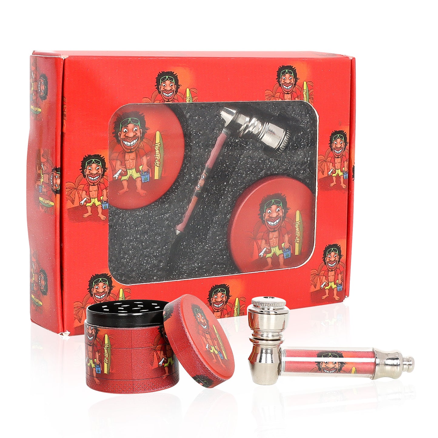 HONEYPUFF Red Package Tobacco Pipe Kit, Glass Smoking Pipe With Metal Blow & 4 Lay Tobacco Grinder