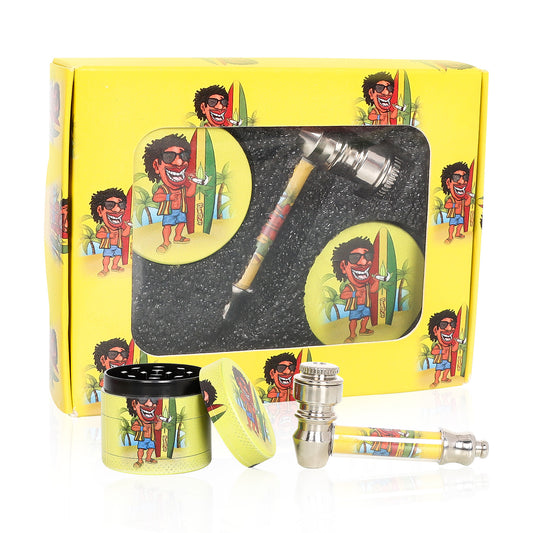 HONEYPUFF Yellow Package Tobacco Pipe Kit, Glass Smoking Pipe With Metal Blow & 4 Lay Tobacco Grinder
