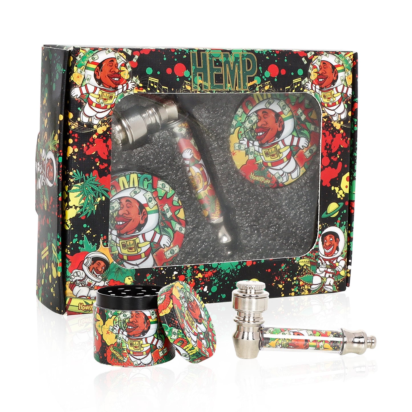 HONEPUFF Herb Grinder Kit, Glass Smoking Pipe With Metal Blow & 4 Lay Tobacco Grinder