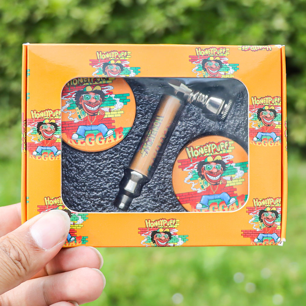 HONEYPUFF Orange Package Tobacco Pipe Kit, Glass Smoking Pipe With Metal Blow & 4 Lay Tobacco Grinder