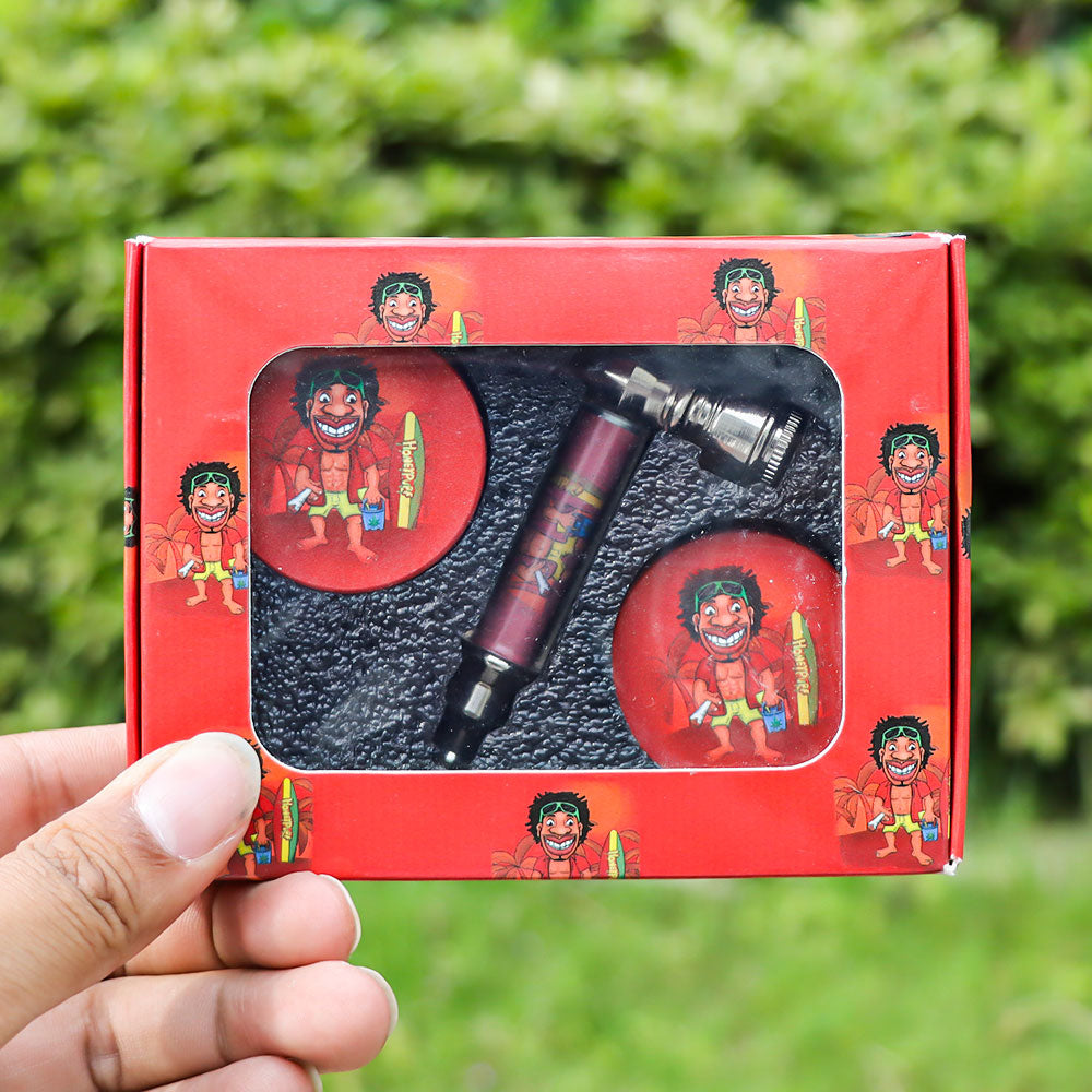 HONEYPUFF Red Package Tobacco Pipe Kit, Glass Smoking Pipe With Metal Blow & 4 Lay Tobacco Grinder