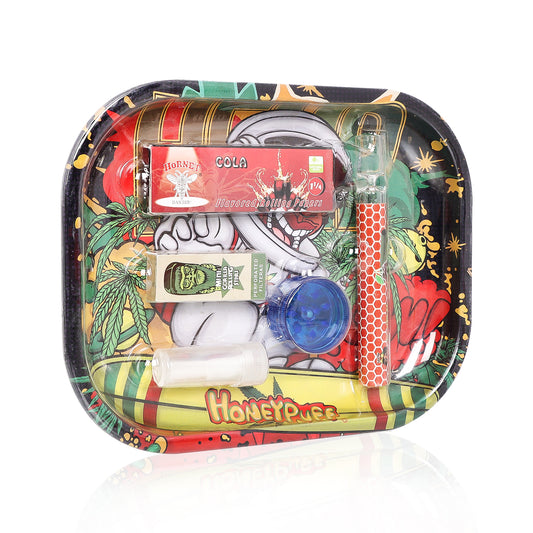 HONEYPUFF rolling tray kit, Cola Flavored 1 1/4 Size Rolling Paper, White Rolling Tip, Glass One Hitter, Plastic Herb Grinder