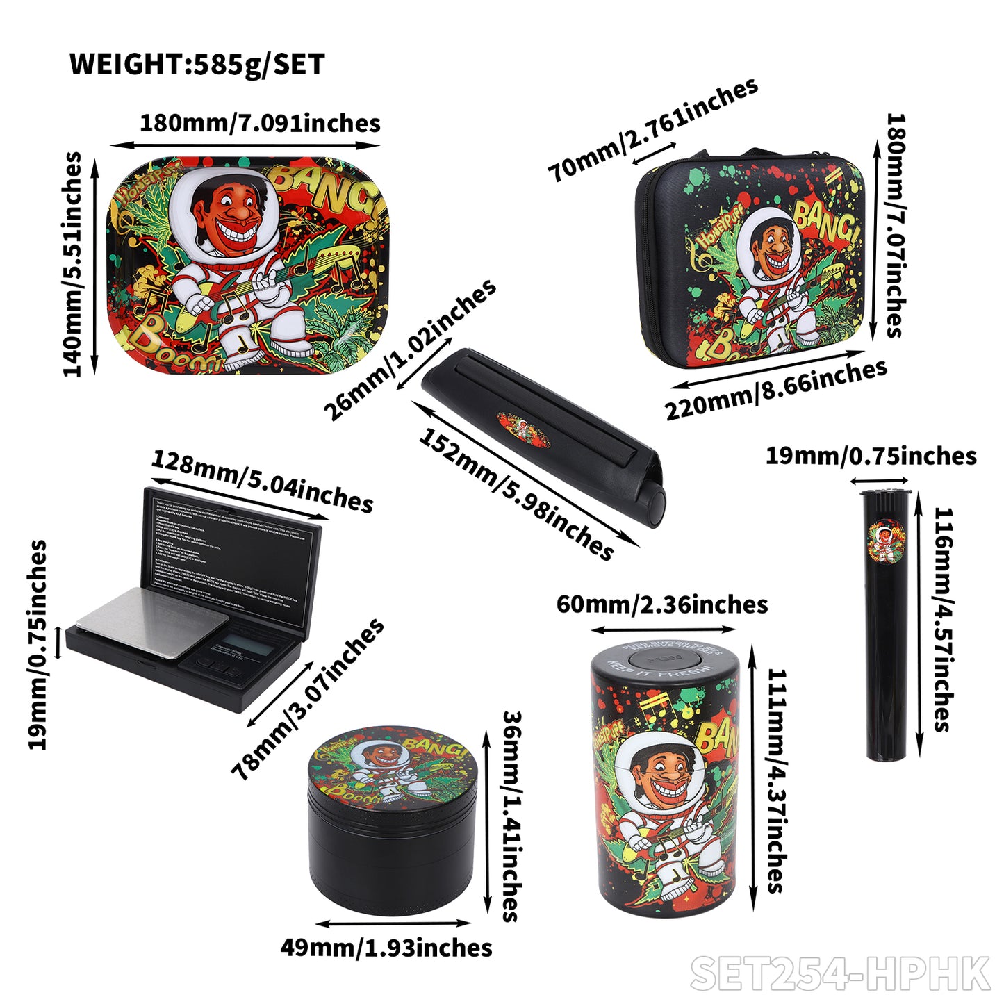 Honeypuff smoking kit  with 110mm rolling machine +plastic storage jar+zinc alloy grinder+joint holder+electric scale