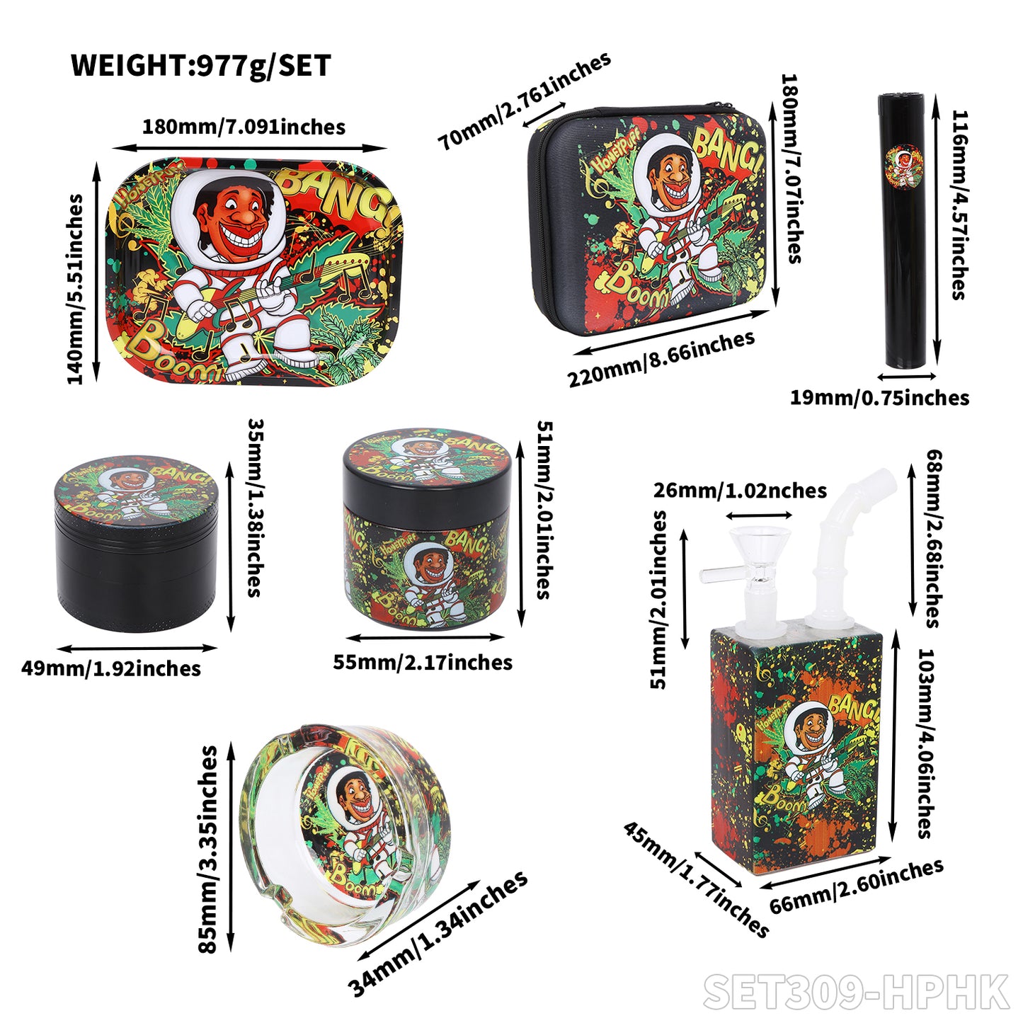 Honeypuff smoking kit  with tin rolling tray +lglass storage jar+zinc alloy grinder+joint holder+glass water bong+glass ashtray
