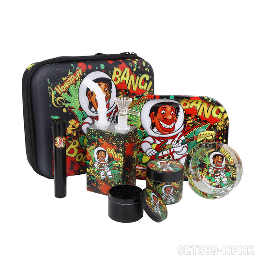Honeypuff smoking kit  with tin rolling tray +lglass storage jar+zinc alloy grinder+joint holder+glass water bong+glass ashtray
