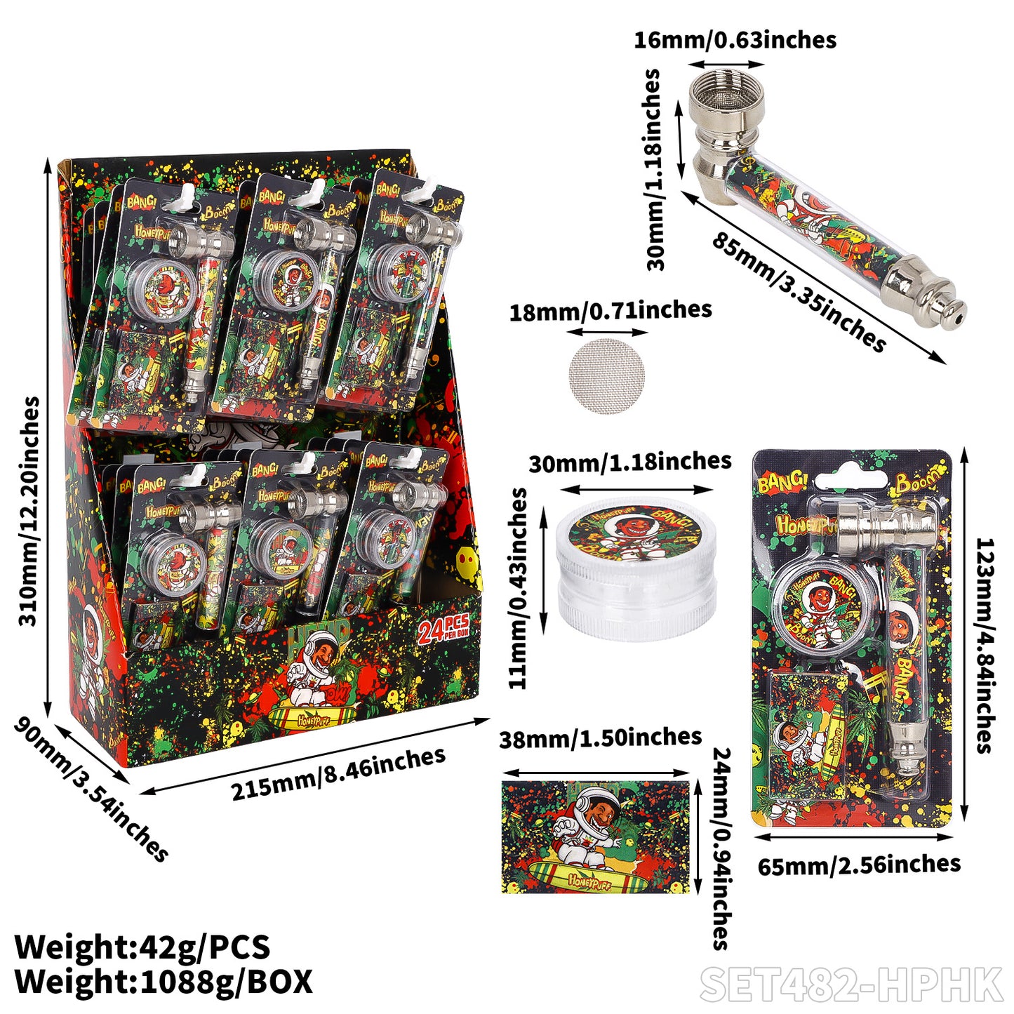Honeypuff various designs smoking pipe kit with 30mm 2 parts plastic griner+metal pipe+screen