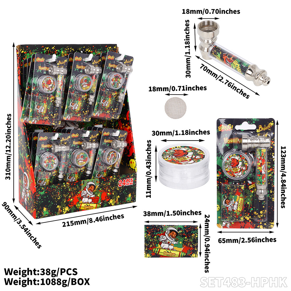 Honeypuff various designs smoking pipe kit with 30mm 2 parts plastic griner+short metal pipe+screen