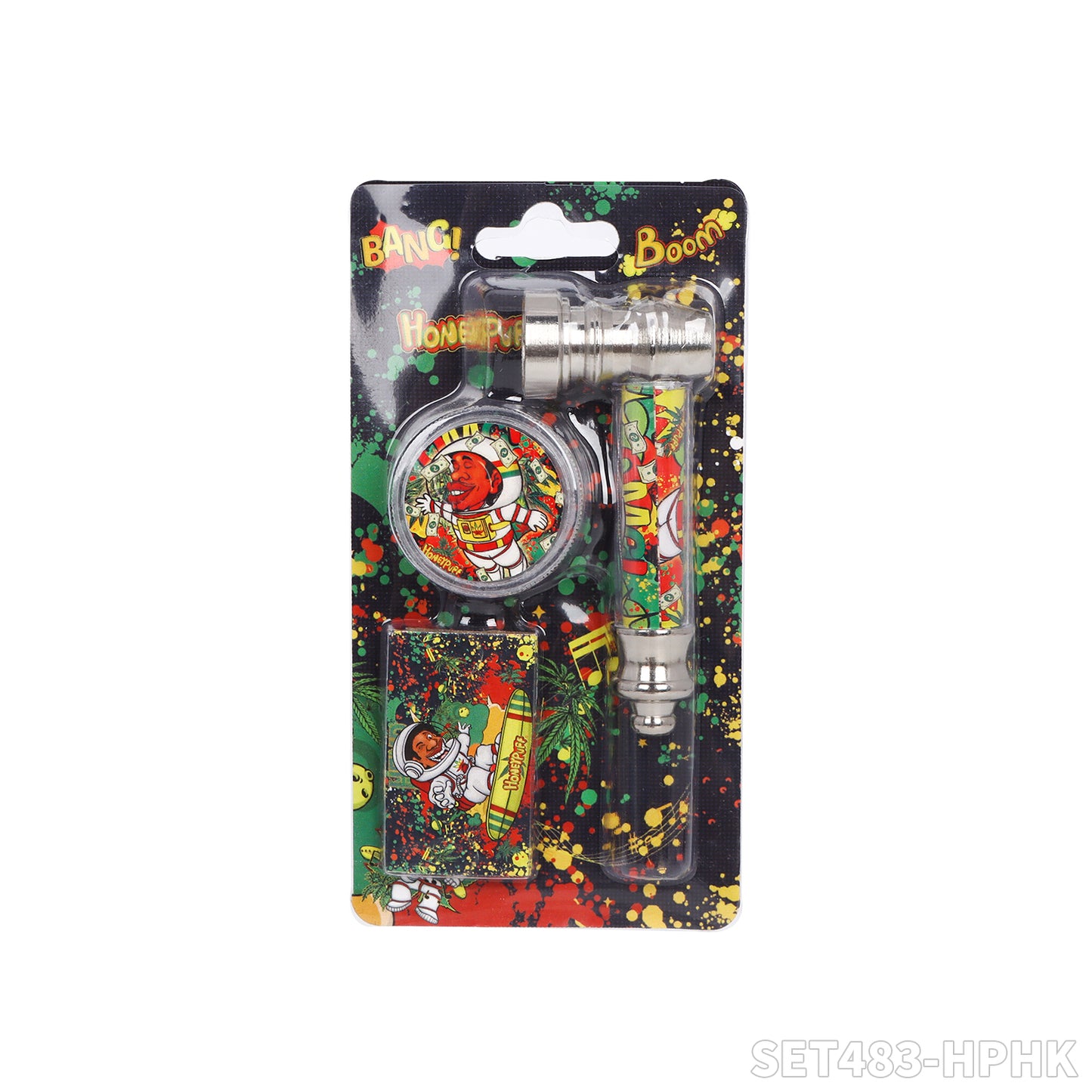Honeypuff various designs smoking pipe kit with 30mm 2 parts plastic griner+short metal pipe+screen