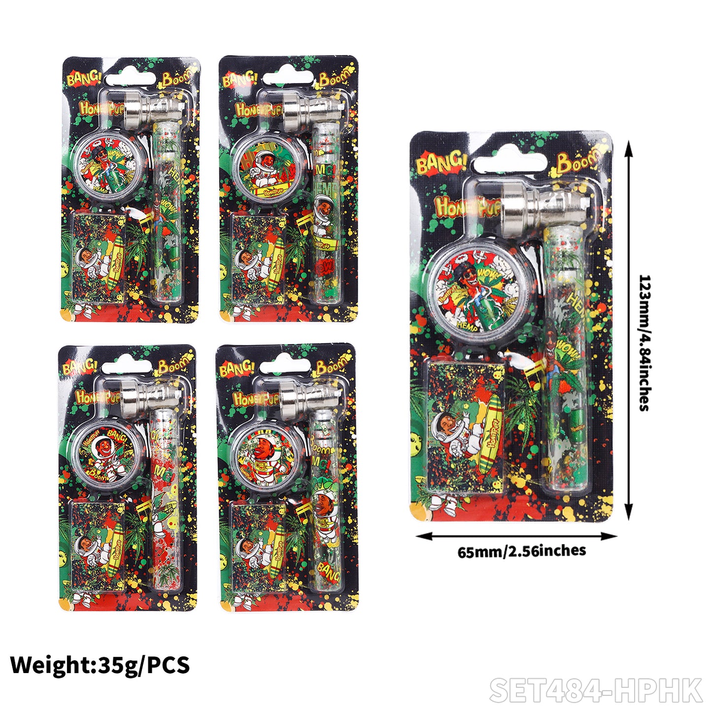 Honeypuff various designs smoking pipe kit with 30mm 2 parts plastic griner+metal pipe+screen