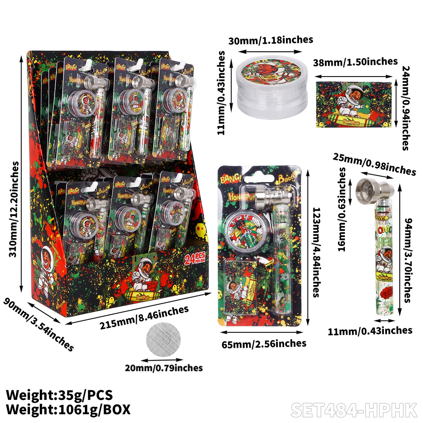 Honeypuff various designs smoking pipe kit with 30mm 2 parts plastic griner+metal pipe+screen